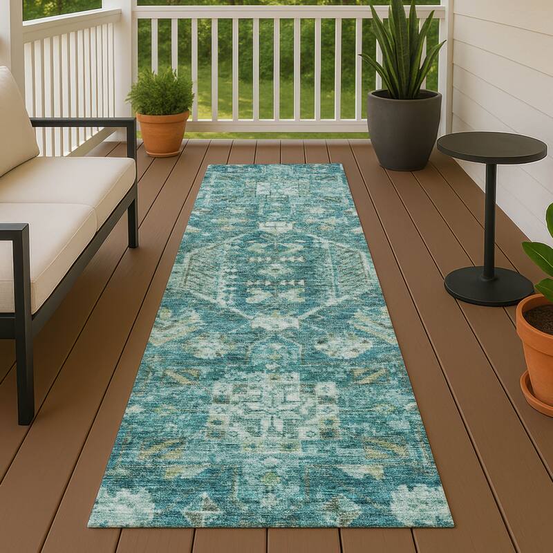 Machine Washable Indoor/ Outdoor Boho Traditional Chantille Rug - Turquoise - 2'3" x 7'6"