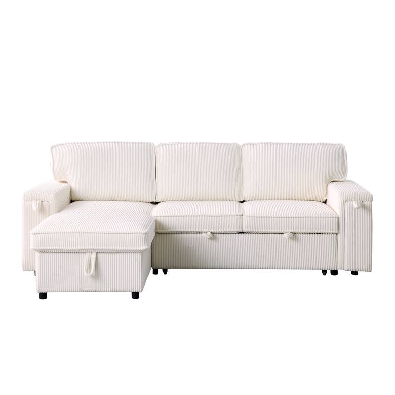 Beige Chenille Upholstery Sleeper Sectional Sofa with Storage Space