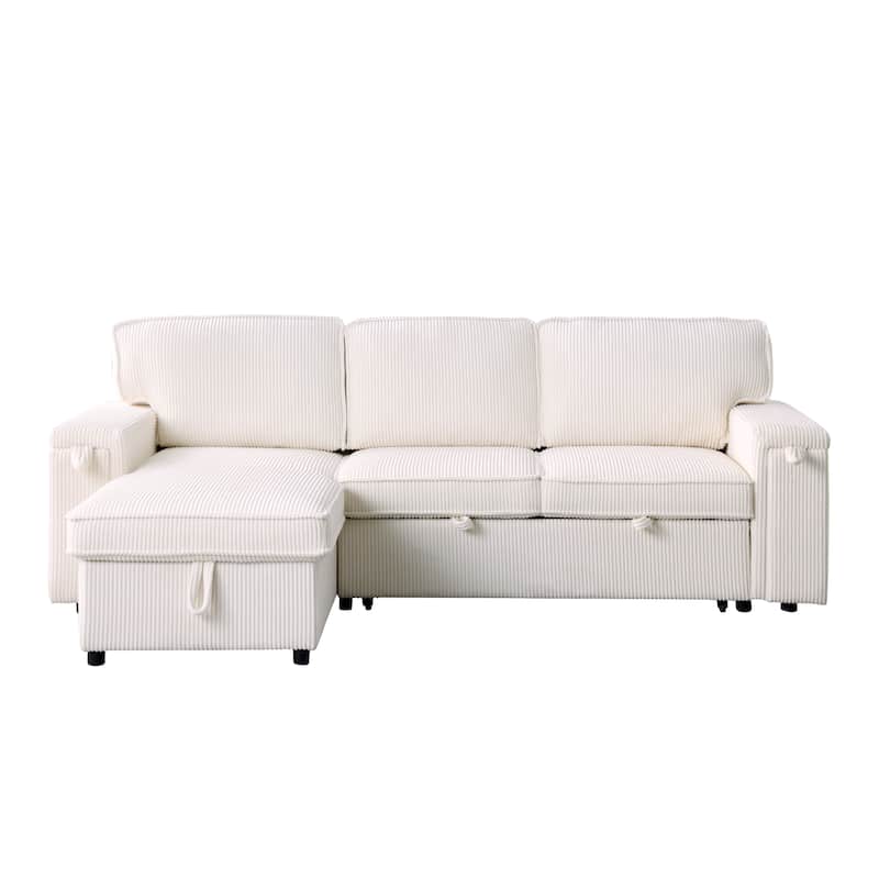 Pull Out Sleeper Sectional Sofa Bed Corduroy L-shaped Couch with Reversible Storage Chaise, Side Pockets and Hidden Cup Holders