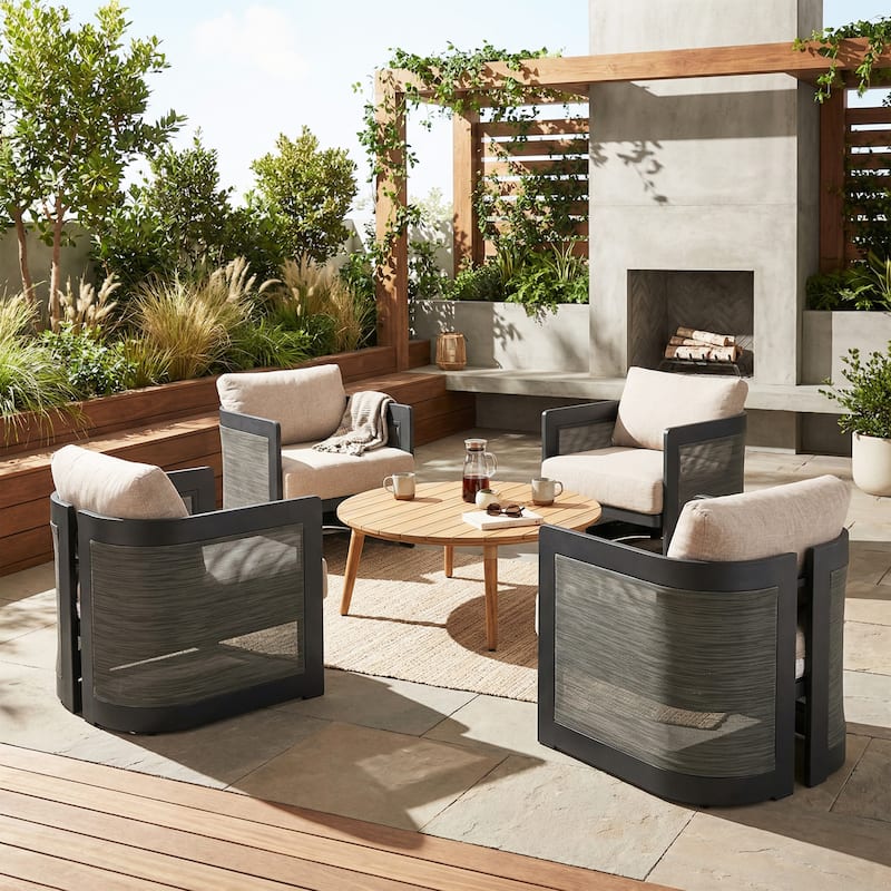 Christopher Knight Home - Modern Aluminum Outdoor 5 Piece Conversation Seating Set with Acacia Wood Coffee Table - Beige,Black,Natural