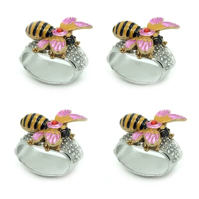 Set Of 4 Rhinestone Encrusted Metal Blebee Napkin Rings - 2 X 2.25 X 2.25 inches