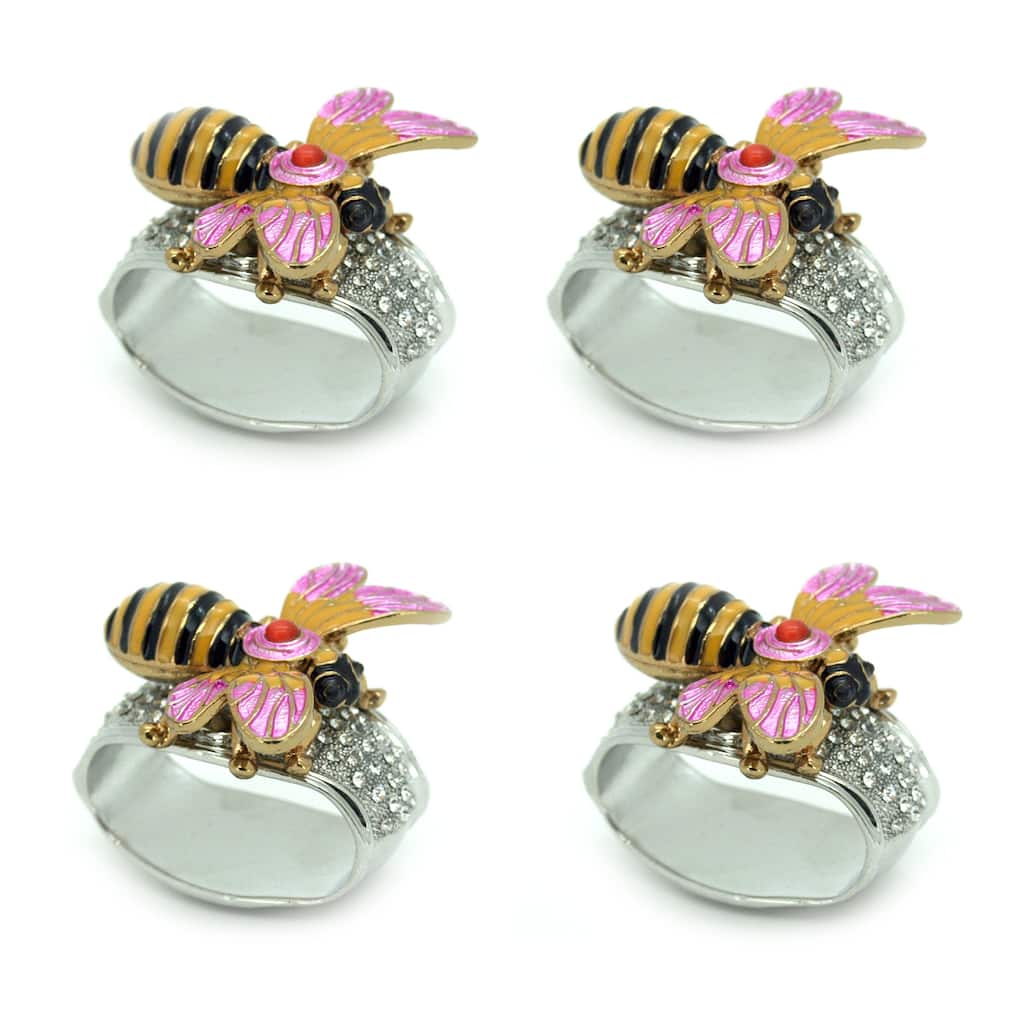 Set Of 4 Rhinestone Encrusted Metal Blebee Napkin Rings - 2 X 2.25 X 2.25 inches
