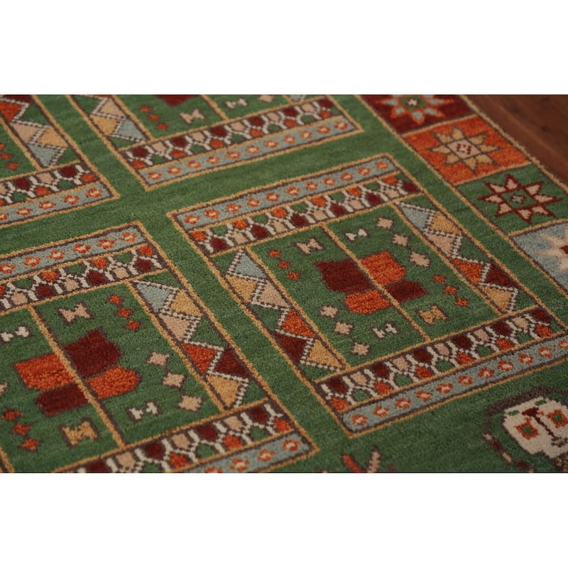 Tribal Green Kazak Indian Runner Rug Hand-Knotted Wool Carpet - 3'11"x 9'10"