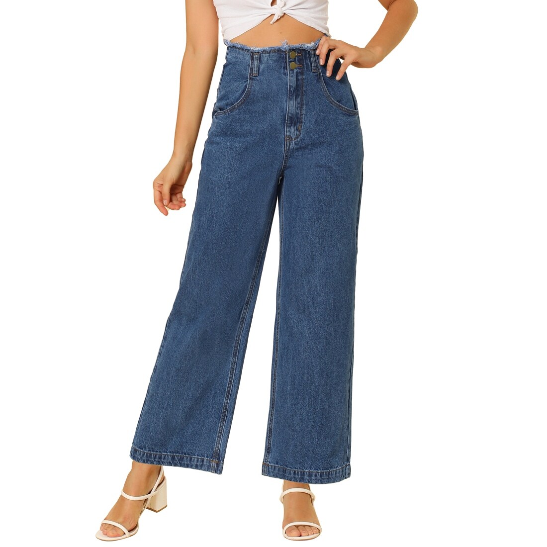 casual elastic high waist denim wide leg pants