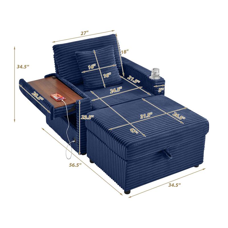 Fluffy Corduroy Lazy Sofa Chaise Lounge with Accent Chair, Storage Ottoman, Folding Table Board, Cup Holder and USB