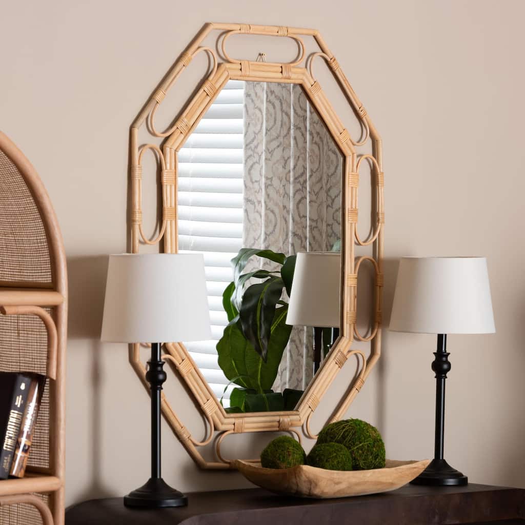 Remedy Octagon Natural Rattan Wall Mirror - Handwoven Accent with Open Loop Detailing, Boho Coastal Style for Living Room Decor