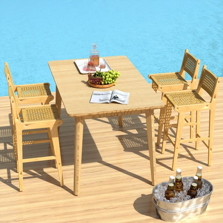 Natural Teak Wood Bar Stool with PE Rattan Seat and Backrest - 16" x 19.5" x 40"