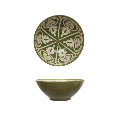 Hand-Painted Stoneware Serving Bowl with Pattern Design - 10.5"L x 10.5"W x 4.3"H - 10.5"L x 10.5"W x 4.3"H