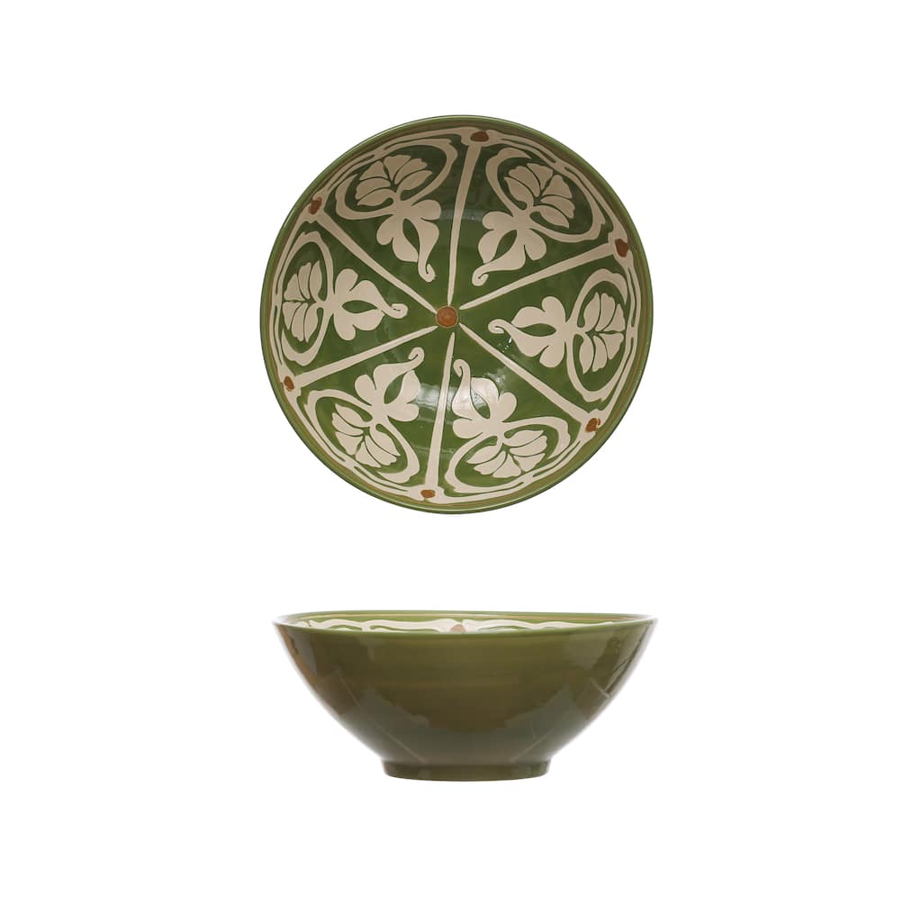 Hand-Painted Stoneware Serving Bowl with Pattern Design - 10.5"L x 10.5"W x 4.3"H - 10.5"L x 10.5"W x 4.3"H