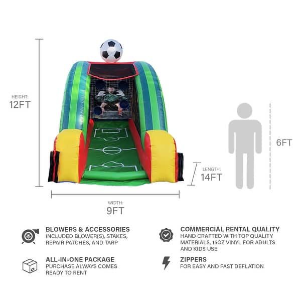 dimension image slide 1 of 2, JumpOrange Soccer Target Game Inflatable for Kids and Adults (with Blower and Foam Ball) - 14'L x 9'W x 12'H