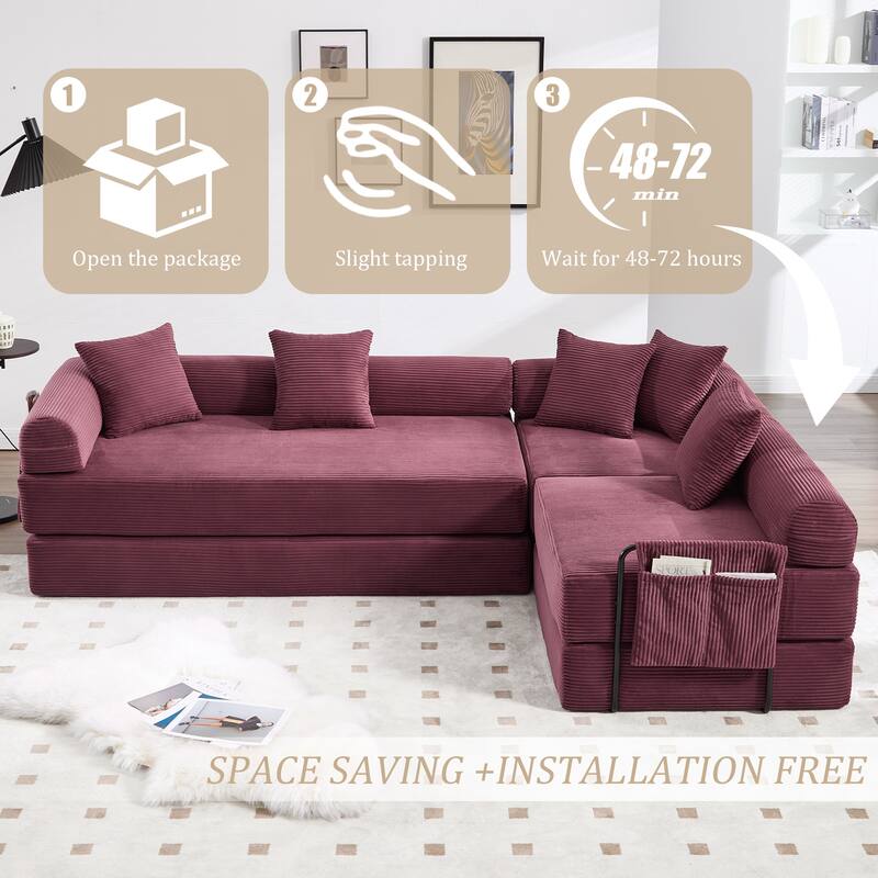 HOMEFUN Corduroy Upholstered Convertible Folding Sofa Bed with Fixed Frame and Pillow Back Handrail