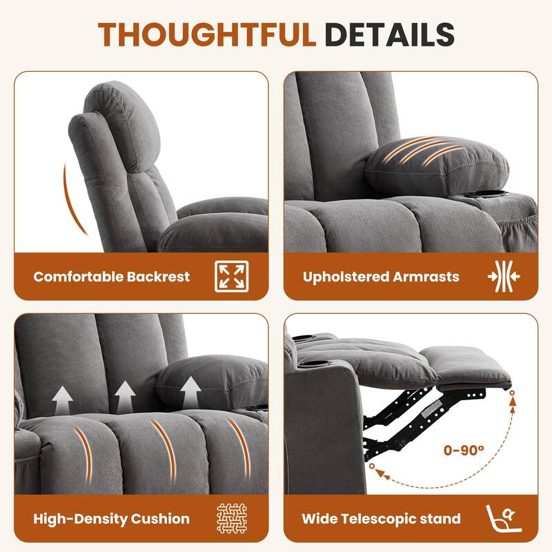 Swivel Rocker Recliner with Vibration Massage Heat USB Port Cup Holders