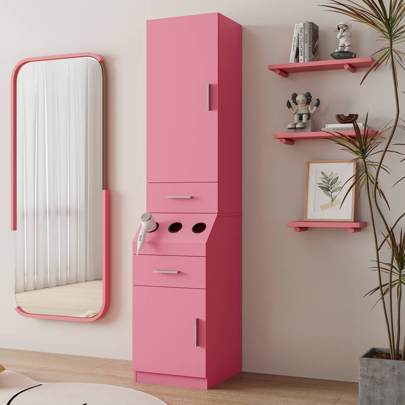 Salon Station, Barber Stations with 2-Tier Storage Shelf with Door, Hair Styling Storage Cabinet with 2 Drawer