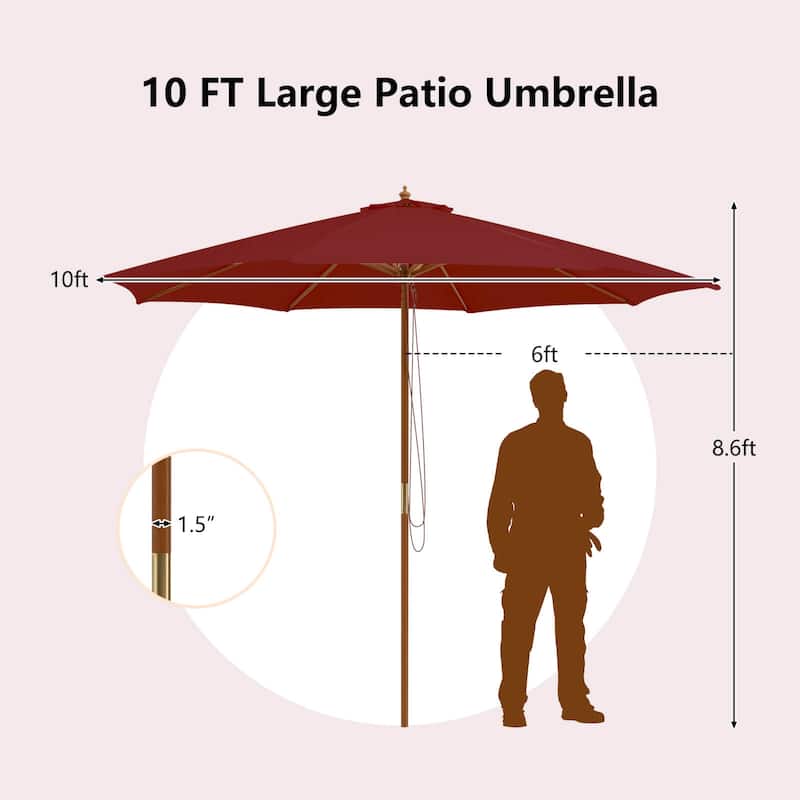 Gymax 10FT Wooden Market Table Umbrella Pulley Sunshade Canopy w/8