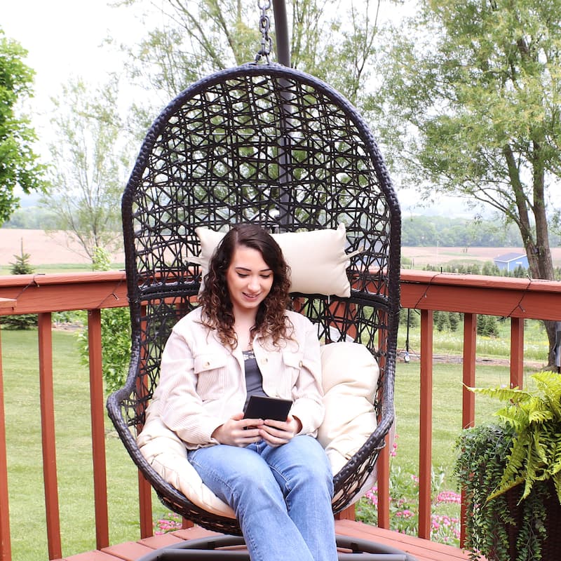 Cordelia Hanging Basket Egg Chair Swing- Resin Wicker - Beige Cushions