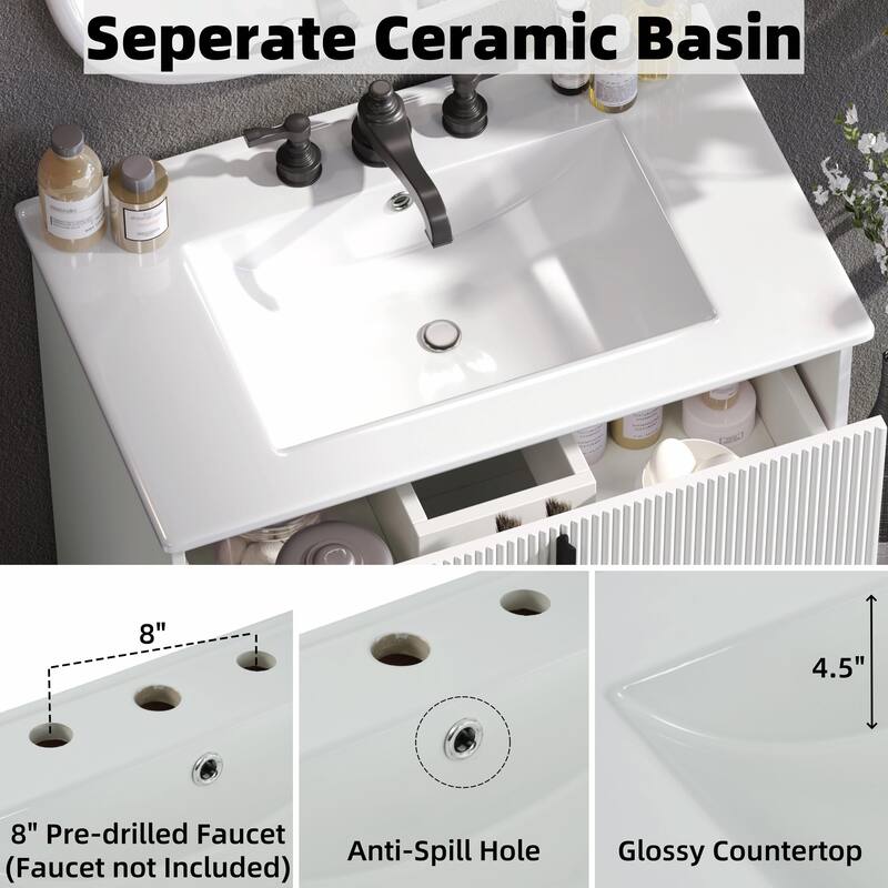 30" Bathroom Vanity with Ceramic Sink - Cabinet with Full-Extension Drawers