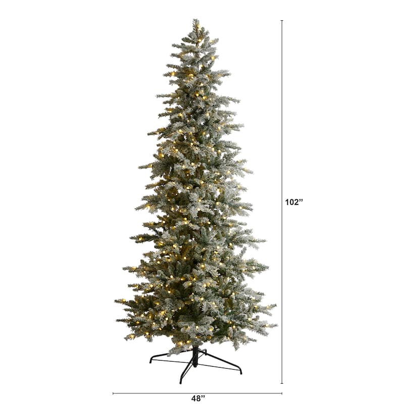 8.5' Pre-Lit Slim Flocked Spruce Artificial Christmas Tree, Warm White LED Lights - 8.5 Foot