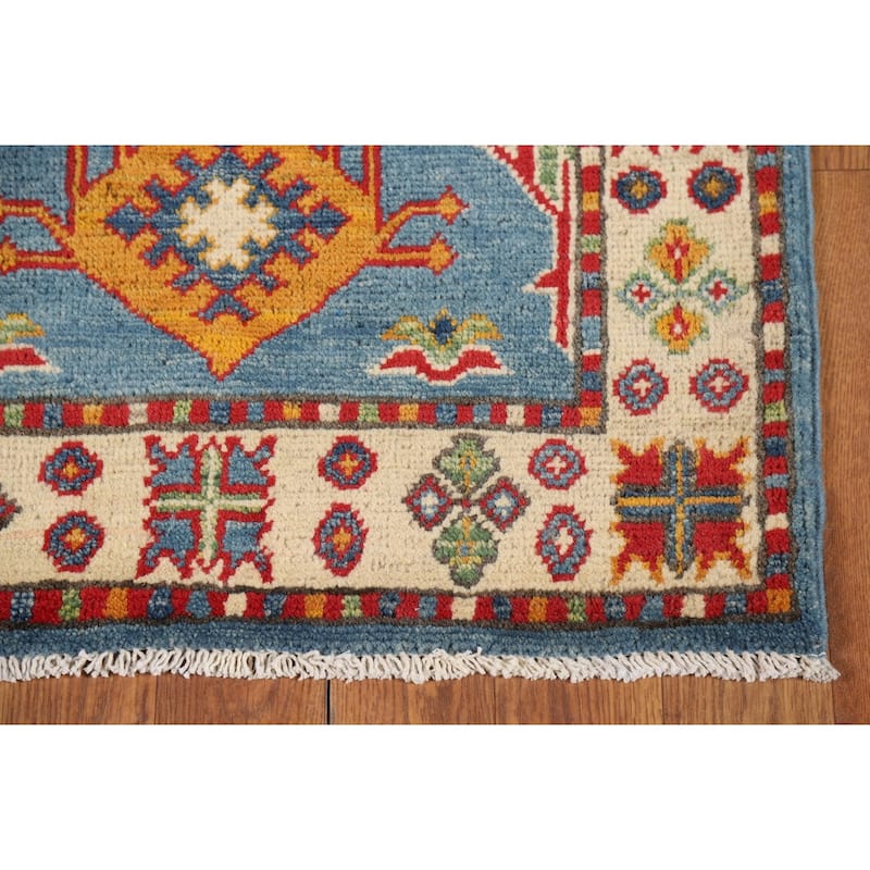 Light Blue Geometric Kazak Foyer Rug Handmade Wool Carpet - 2'0" x 3'0"