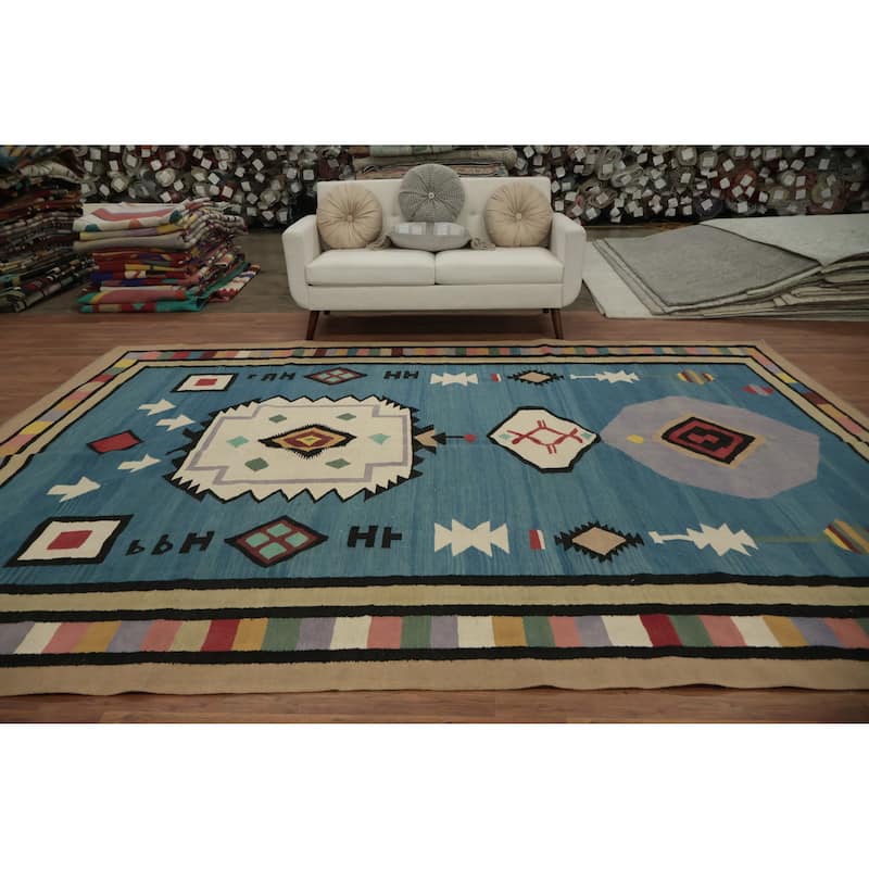 Hand Woven Oriental 100% Wool Carpet Southwestern Tribal Navy Blue & Blues Kilim Area Rug - 11' 11'' X 8' 11''