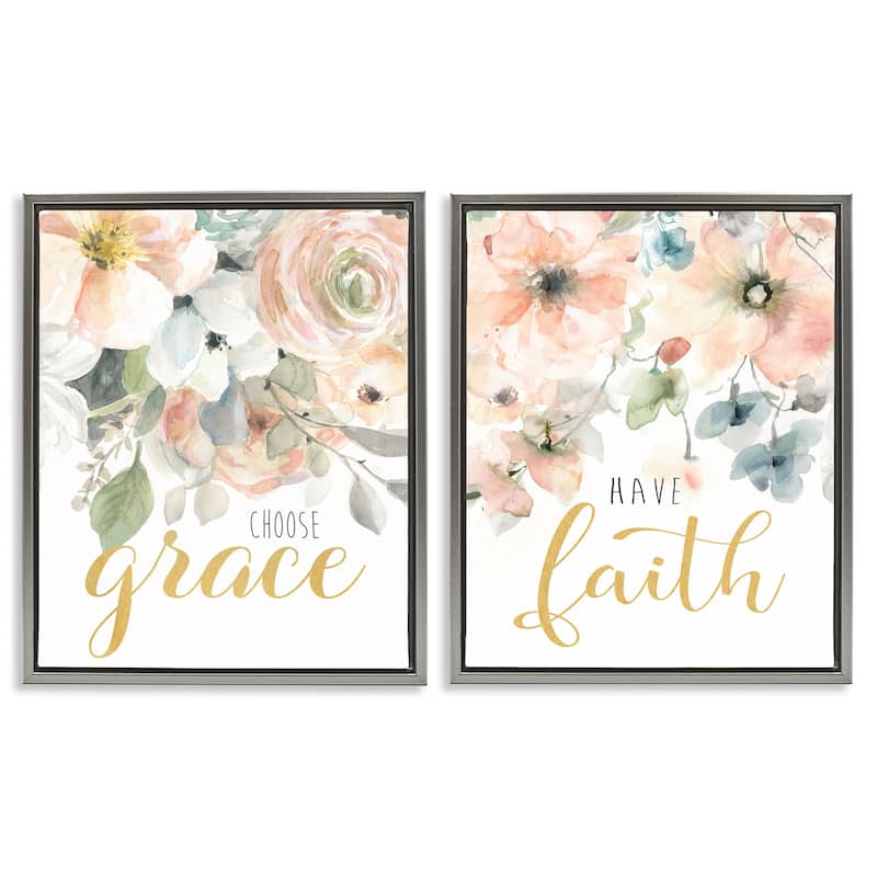 Stupell Spiritual Phrases on Florals Framed Floater Canvas Wall Art Design By Carol Robinson (Set of 2) - 17 x 21 - Grey