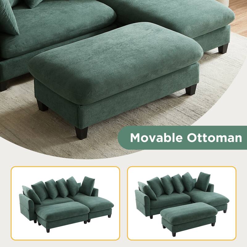 Chenille Sectional Sofa L-shaped Sofa with Movable Ottoman, Upholstered Sectional Sofa with 6 Throw Pillows, Bottom storage