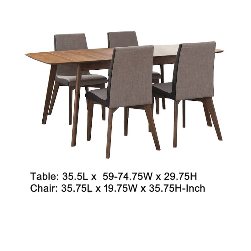 Bera 5pc Dining Set w 4 Chairs, 59-75 Inch Extendable, Walnut Brown, Gray