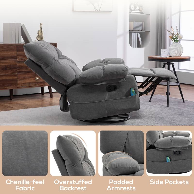 Grey Swivel Manual Recliner Chair with Vibration Massage, Heat, , Footrest, Remote, and 4 Side Pockets