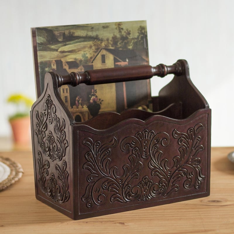Novica Handmade Colonial Vines Wood And Leather Magazine Rack