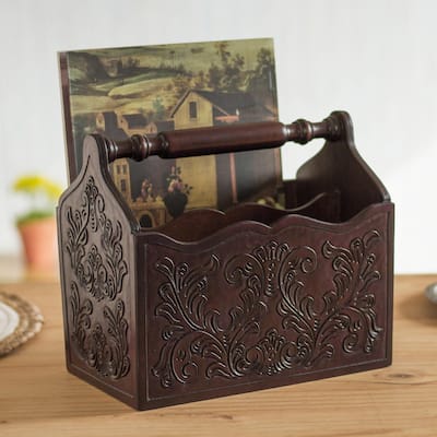 Novica Handmade Colonial Vines Wood And Leather Magazine Rack