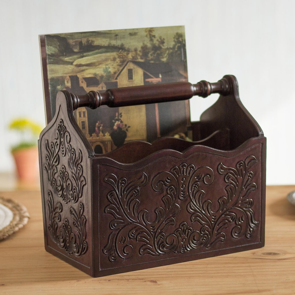 Novica Handmade Colonial Vines Wood And Leather Magazine Rack