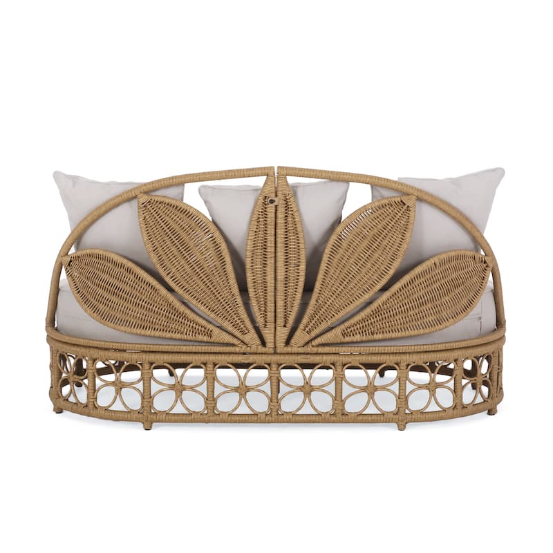 60" Outdoor Boho Wicker Daybed with Floral Backrest for Garden & Patio