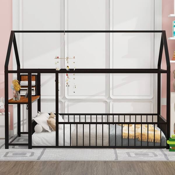 slide 2 of 15, Full Metal House Bed Frame with Desk, Shelves, USB & Power Outlets, Black Black