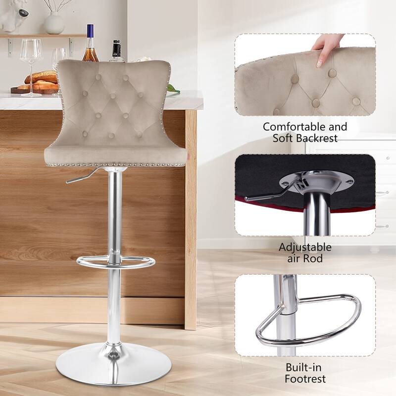 Velvet Swivel Bar Stools,Modern Bar Stools with High Back and Metal Footrest,Adjustable Swivel Barstools (Set of 2)