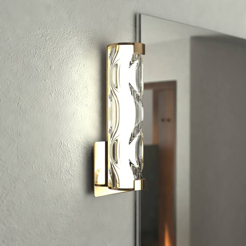 Marseille 1-Light Bathroom Vanity Lighting Fixture, Clear Wave Glass Shade, Dimmable, Integrated LED, Wall Mounted Sconce - 4.75-in W x 13-in H x 3.5-in D - Natural Brass