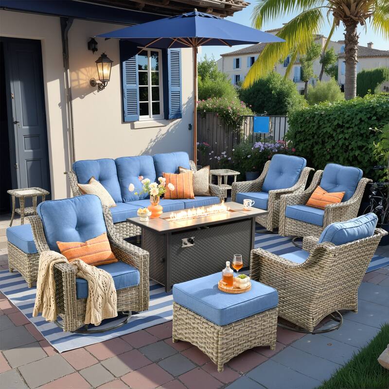 HOOOWOOO 10-piece Wicker Outdoor Patio High Back Swivel Chair Set with Fire Pit
