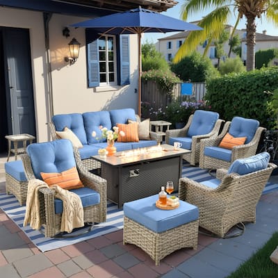 HOOOWOOO 10-piece Wicker Outdoor Patio High Back Swivel Chair Set with Fire Pit