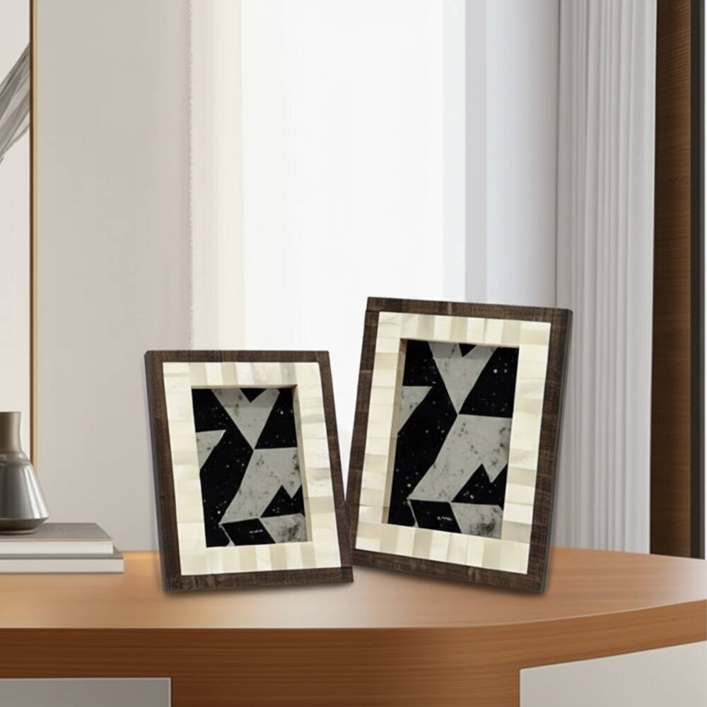 Resin Bone Wood Photo Frame Modern Inlay Style Home Office - 8" Ivory