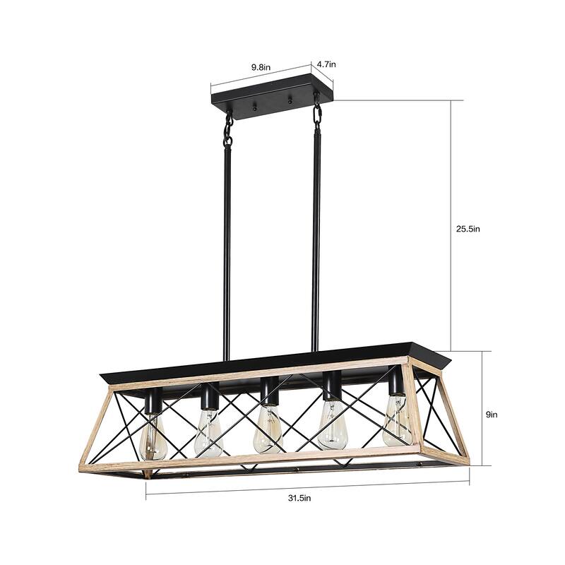 Farmhouse Vintage Crystal Chandelier, Rustic 5-Light Pendant Light, Industrial Hanging Light Fixture for Dining Room Kitchen