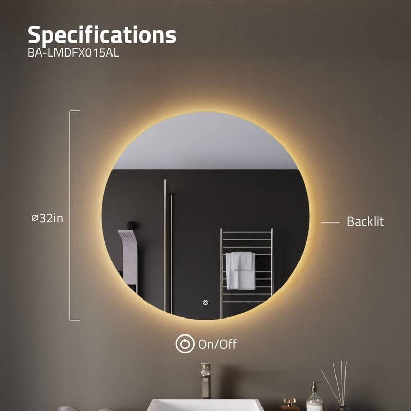 ANZZI 32-in. Diam. LED Back Lighting Bathroom Mirror with Defogger