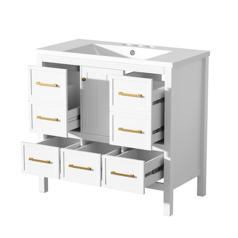 Freestanding Vanity for Bathroom with Resin Sink, Storage Cabinet with 5 Drawers, Soft Closing Doors and Gold Metal Handles