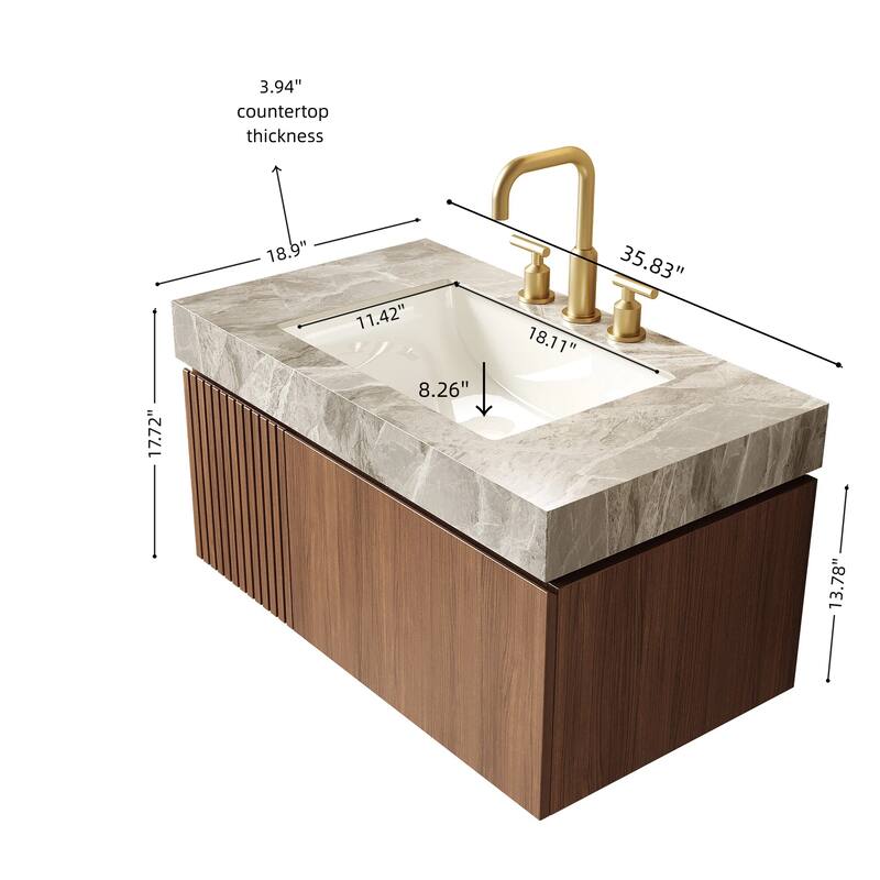 Floating Bathroom Vanity with Sintered Stone Top & Undermount Ceramic Basin with Three Pre-drilled Faucet Holes
