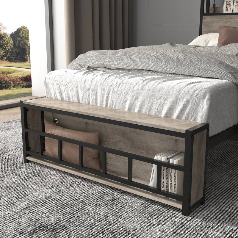 Twin Size Bed Frame with LED Headboard and Storage Shelves