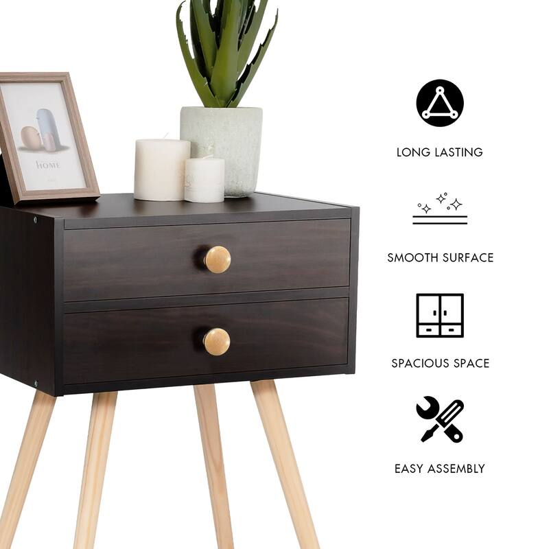 Costway Mid Century Modern 2 Drawers Nightstand Sofa Side Table End - See Details