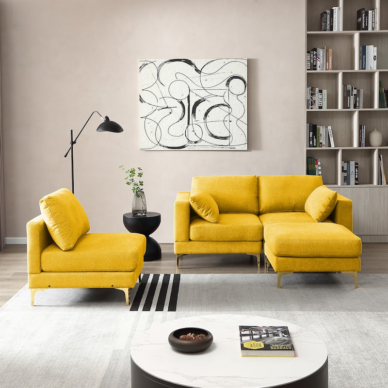 92'' Fabric L-Shape 3-Seater Sofa with Ottoman, Gold Metal Legs, and Toss Pillows