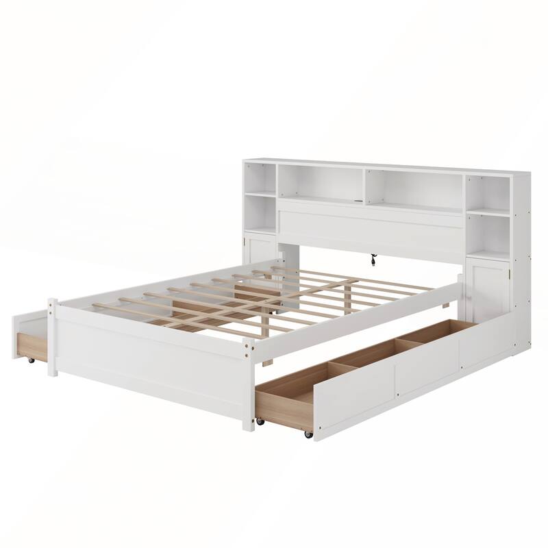 White Wooden Storage Bed with Tall Extended Bookcase Headboard and Charging Station for Teens Adults