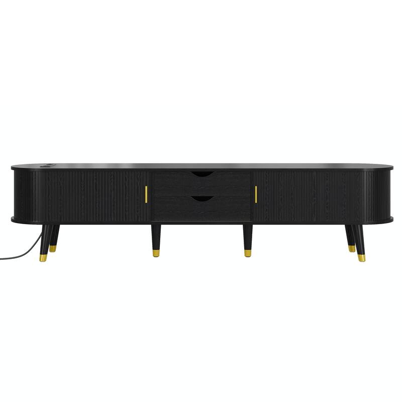 Wooden Tv Stand & Coffee Table Set With Charging Station,Sliding Doors For Tvs Up To 80",Table With Solid Wood Legs