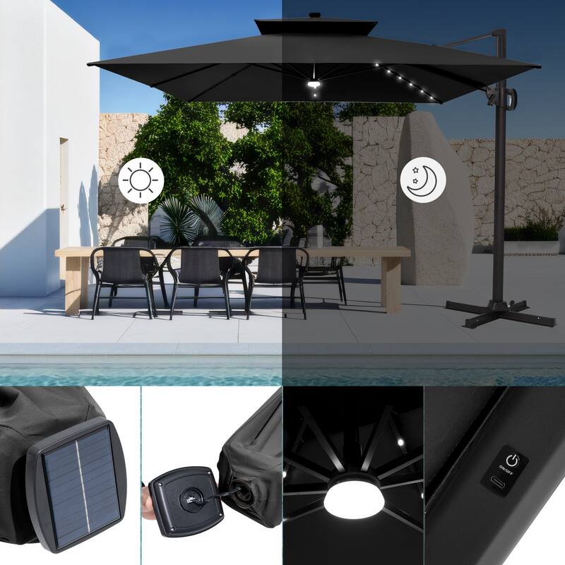VredHom 11X11 FT Outdoor Square Cantilever Patio Umbrella Aluminum Solar LED Light with HDPE Base