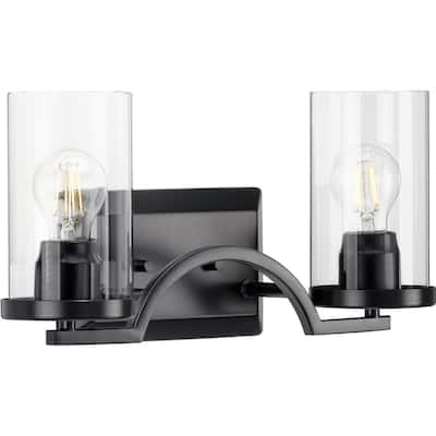Lassiter Collection Two-Light Matte Black Clear Glass Modern Bath Vanity Light - 16 in x 5.5 in x 8 in