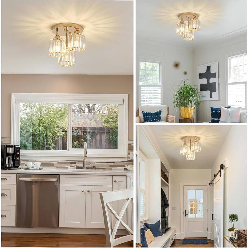 Semi Flush Mount Ceiling Light, Kitchen Ceiling Light Fixtures, Three Light Golden Ceiling Lighting for Entryway Stairway - Golden