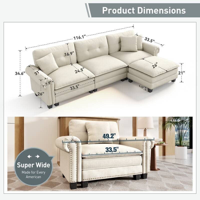 MAISON ARTS Mid-Century Modern Oversized L/U Shaped Cloud Couch with Ottoman, Deep Seat Sectional Sofa with Throw Pillows